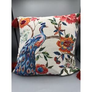 Peacock Floral Throw Pillow Embroidered Tassels Colorful Boho 14x14